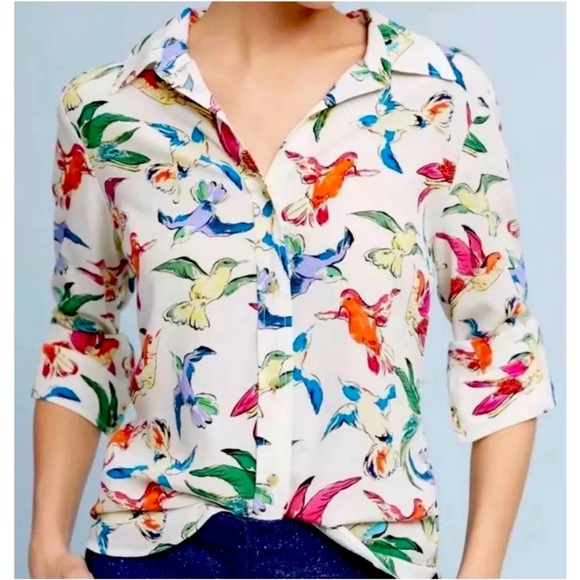 Anthropologie Maeve Multicolor Silk Bird Blouse, size 10 - Picture 1 of 11